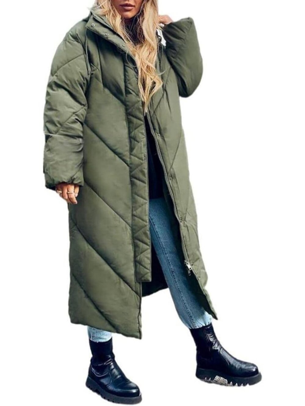 Cozy Women's Long Hooded Puffer Coat - Zip-Up Winter Parka Jacket